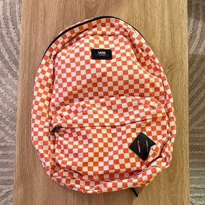 Vans Orange and White Checkerboard Backpack with Black Patch